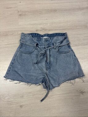 High-Rise Washed Blue Paperbag Denim Shorts with Tie
